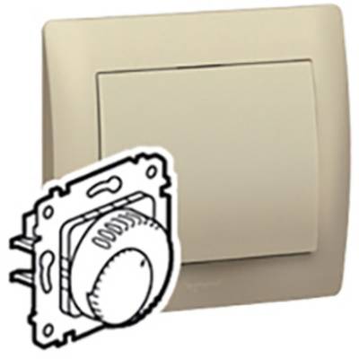 Ein dimmbarer Lichtschalter in einem beige Rahmen. Links eine technische Zeichnung des Schaltermechanismus.
