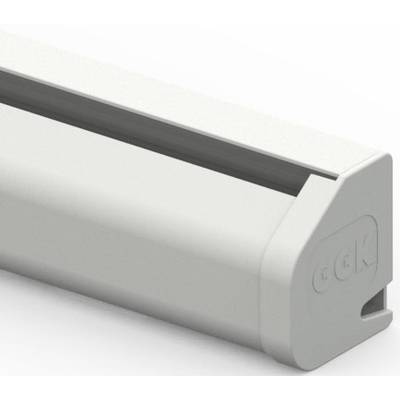 Ein graues Rolltop-Gehäuse für Steckdosenleisten, das die Kabel versteckt und organisiert. Ideal für den Gebrauch unter oder auf Tischen.