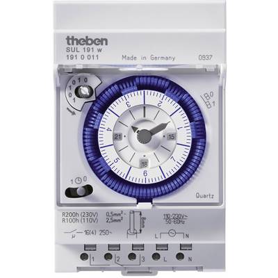 'Elektronische Zeitschaltuhr Theben SUL 191 w mit 24-Stunden-Zifferblatt und Einstellrad, geeignet für 230V-Anschlüsse.'