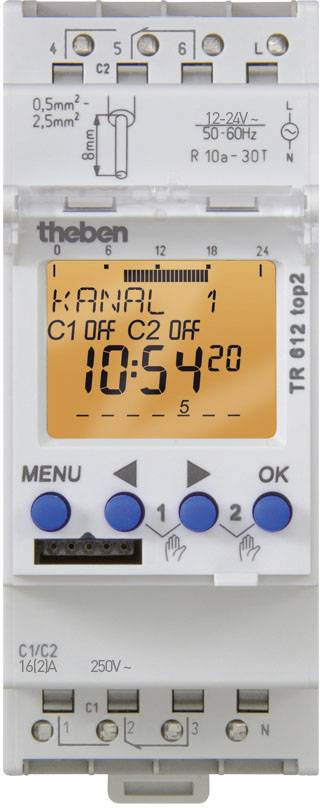 Digitaler Zeitschaltuhr mit Display, zeigt 'Kanal 1 aus, Kanal 2 aus' und Uhrzeit '10:54:20'. Knöpfe für Menü und Bestätigung.
