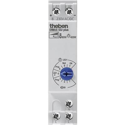 Ein elektronischer Dimmer von Theben, Modell DIMAX 532 plus, zeigt ein blaues Einstellrad und LED-Anzeigen für verschiedene Programme.