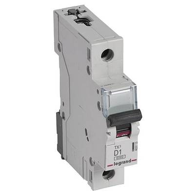 Ein grauer Leistungsschalter mit rotem Schalter und der Aufschrift 'Legrand TX3 D1'. Geeignet für elektrische Sicherungen.