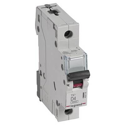 Einführungsschalter eines Schutzschalters der Marke Legrand, Modell D4, mit rotem Schalter in der Stellung 'ON'.