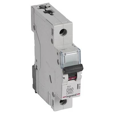 Leistungsschalter mit der Aufschrift 'TX3 D50 legrand' zeigt technischen Details eines elektrischen Sicherheitsgeräts.