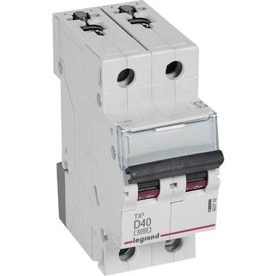 Ein elektrischer Schutzschalter mit doppeltem Schalter, beschriftet mit 'D40'. Designed von der Marke Legrand zur Überstromsicherung.