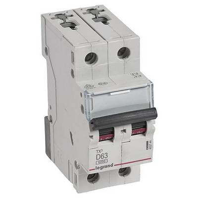 Ein zweipoliger Schutzschalter der Marke Legrand, Typ 'TX3 D63', zur Sicherung elektrischer Stromkreise vor Überlast und Kurzschluss.