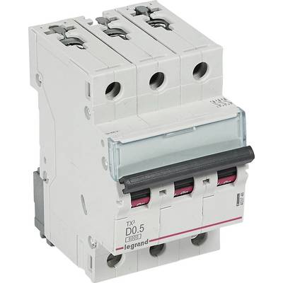 Eine weiße dreipolige Sicherungseinheit mit Hebeln und der Aufschrift 'Legrand TX³ 0,5'. Verwendet in elektrischen Verteilungssystemen.