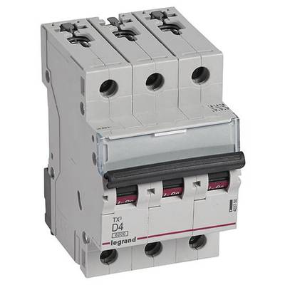 Ein dreipoliger Leistungsschalter TX3 D4 von Legrand, entwickelt zum Schutz von elektrischen Stromkreisen vor Überlastung und Kurzschluss.