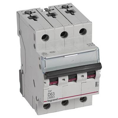 Ein dreipoliger Leistungsschutzschalter der Marke Legrand, Modell D63, zur Verwendung in elektrischen Schaltschränken.