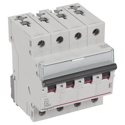 Ein grauer vierpoliger Leistungsschalter mit der Aufschrift 'D2 Legrand TX3', verwendet zur elektrischen Sicherung.