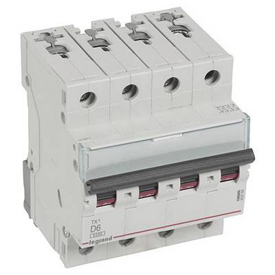 Ein vierpoliger Leitungsschutzschalter mit der Aufschrift 'TX³, D6, Legrand', geeignet zur Absicherung elektrischer Stromkreise.