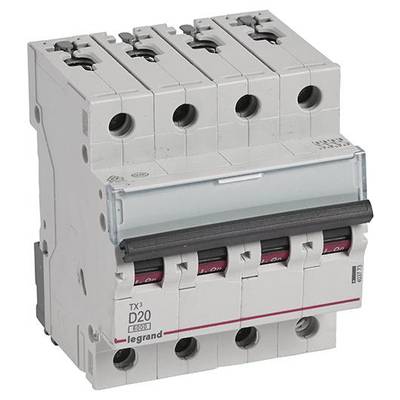 Ein vierschaltriger Schutzschalter in grau und schwarz, mit rotem Kippschalter und Aufschrift 'D20 legrand', für elektrische Anwendungen.