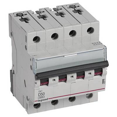 Ein vierpoliger Sicherungsautomat. Gehäuse in Grau mit schwarzem Kippschalter. Herstellername sichtbar. Geeignet für elektrische Schaltungen.
