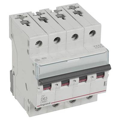 Abbildung eines vierpoligen Leitungsschutzschalters der Marke Legrand, Typ D63, für die elektrische Installation in Verteilerkästen.
