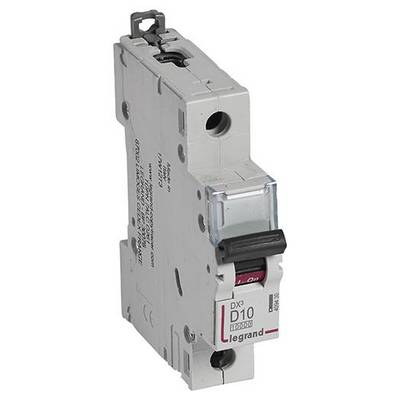 Abgebildet ist ein grauer Leitungsschutzschalter der Marke Legrand, Modell DX3, mit der Aufschrift 'D10'.