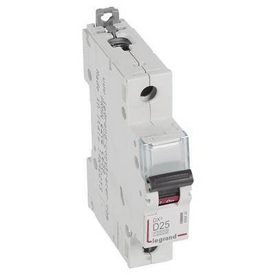 Ein automatischer Sicherungsautomat 'DX D25 10000' von Legrand, weiß mit rotem Schalter und durchsichtigem Schutz für elektrische Installationen.