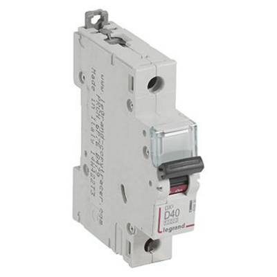 Ein grauer Leistungsschalter mit dem Label 'Legrand D40' und einem schwarzen Schalter befindet sich in der Mittelposition.