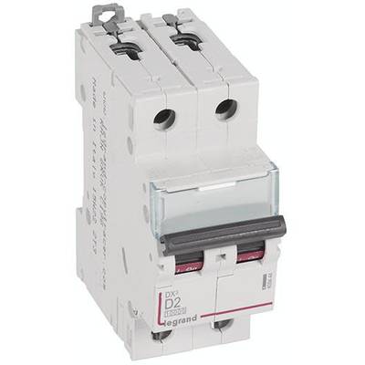 Ein zweipoliger Sicherungsautomat der Marke Legrand, Modell DX3, Typ D2, mit Kippschalter und Anschlussklemmen, zur Stromkreisunterbrechung.