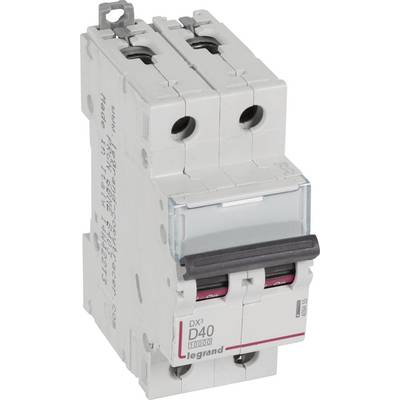 'Legrand DX3 D40' Sicherungsautomat mit zwei Schaltern, geeignet für 40 Ampere. Kunststoffgehäuse, graue und schwarze Farbgebung.