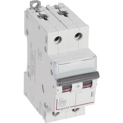 'Ein zweipoliger Schutzschalter von Legrand, Modell DX³ D50, der für elektrische Installationen verwendet wird.'