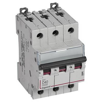 Ein dreipoliger Leitungsschutzschalter der Marke Legrand mit der Aufschrift 'DX³ D40', geeignet für den Schutz von elektrischen Stromkreisen.