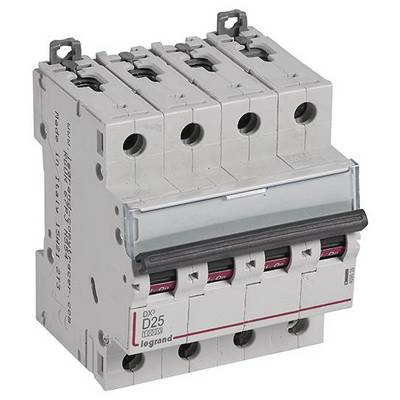 Ein vierpoliger Leitungsschutzschalter von Legrand mit einer Stromstärke von 25A zur Sicherung elektronischer Geräte.