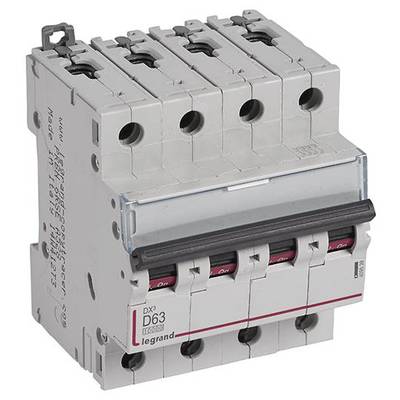 Ein vierpoliger Leistungsschalter mit der Aufschrift 'D63' und 'legrand'. Er dient zur Unterbrechung und Absicherung elektrischer Stromkreise.