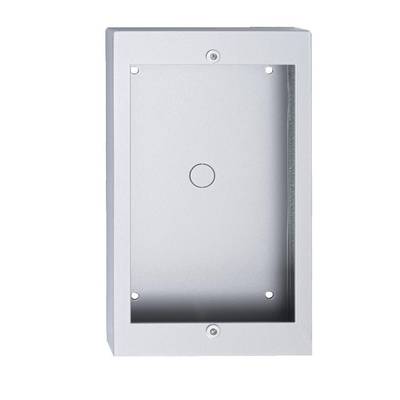 Metallene rechteckige Einbaubox mit vorgebohrten Löchern in den Ecken und einem zentralen Kreis, geeignet für Wandinstallation.