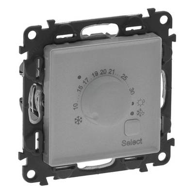 Eine quadratische Thermostat-Steuereinheit mit Drehregler und Temperaturmarkierungen von 10 bis 30 Grad Celsius. Symbole für Schnee und Sonne.