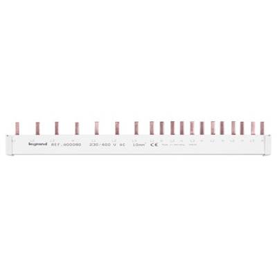 'Legrand 427.400' Sammelschiene, 230/400 V AC, 16 Einheiten, 10 mm², mit CE-Kennzeichnung. Hauptsächlich weißes Design mit roten Anschlussstiften.