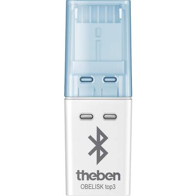 USB-Dongle 'theben OBELISK top3' mit Bluetooth-Funktion, weißes Gehäuse, blauer Deckel. Wird zur Programmierung von Geräten verwendet.