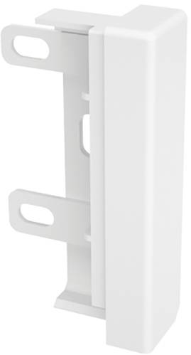 Ein weißer, rechtwinkliger Wandhalter aus Kunststoff mit zwei Ovaleinschüben zur Befestigung, dargestellt in seitlicher Perspektive.