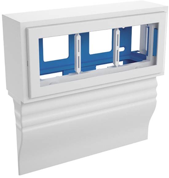 Ein weißes rechteckiges Gehäuse mit einem blauen Inneren und offenen Abschnitten. Es sieht aus wie eine Wandhalterung oder ein Rahmenelement.