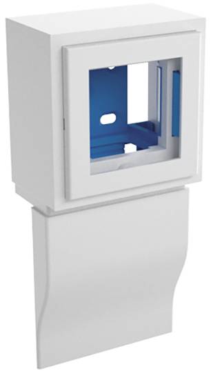 Ein weißer, rechteckiger, elektrischer Wandkasten mit offenem Gehäuse und blauem Innenraum. Entworfen für die Unterputzmontage.