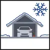 Ein Auto steht in einer Garage mit einem eingesteckten Ladekabel. Eine Schneeflocke deutet auf kalte Witterung hin.