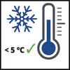 Ein Thermometer zeigt unter 5 Grad Celsius, mit einem Häkchen und einer Schneeflocke, was auf Kühlung oder niedrige Temperaturen hinweist.