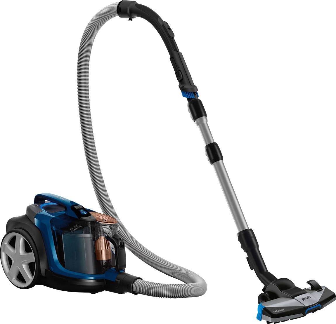 Staubsauger mit blauem Gehäuse und langem Schlauch auf weißem Hintergrund. Links sind große Räder sichtbar.