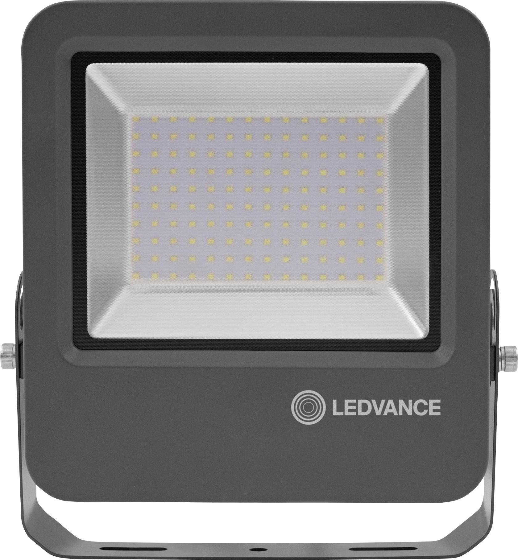 Ein quadratischer LED-Fluter von Ledvance, aus dunklem Material, mit zahlreichen gelben Lichtpunkten auf einer weißen Oberfläche.