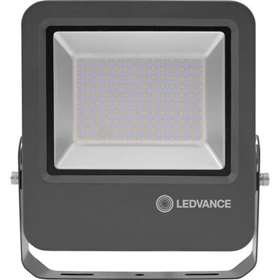 Ein quadratischer LED-Fluter von Ledvance, aus dunklem Material, mit zahlreichen gelben Lichtpunkten auf einer weißen Oberfläche.