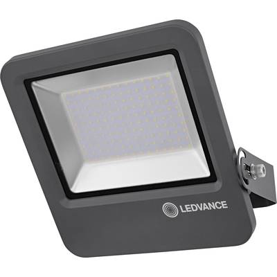 Ein schwarzer LED-Flutlichtstrahler von Ledvance mit quadratischer Form und Montagehalterung, geeignet für Außenbeleuchtung.