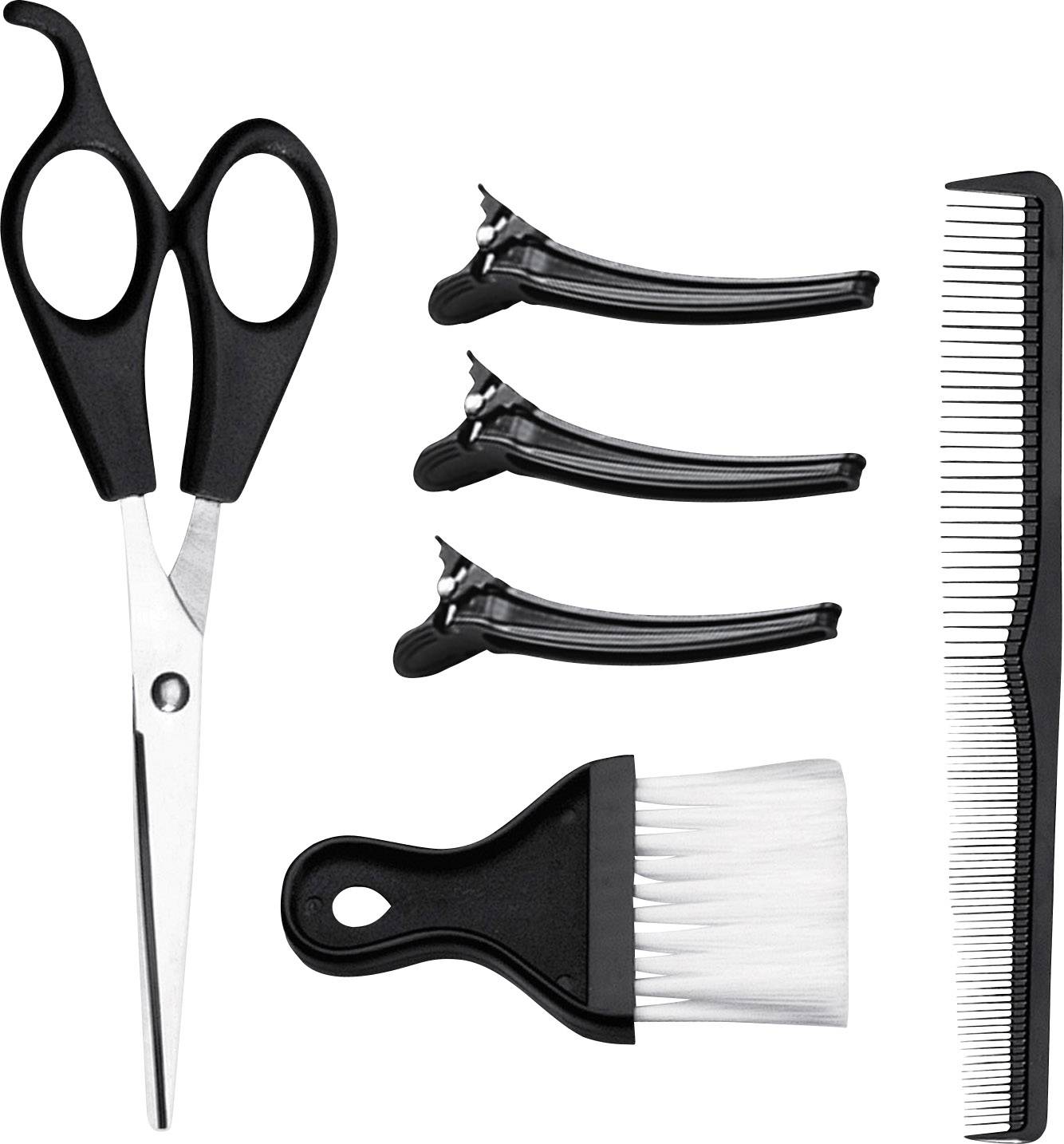 Friseurbedarf-Set mit Schere, drei Haarclips, Pinsel und Kamm. Utensilien zur Haarpflege und -styling.