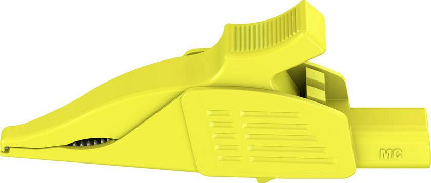 Ein gelber Plastikkrokodilklemmenadapter mit geriffelter Oberfläche und Beschriftung 'MC' an der Seite. Geeignet zum sicheren Anschluss von Kabeln.