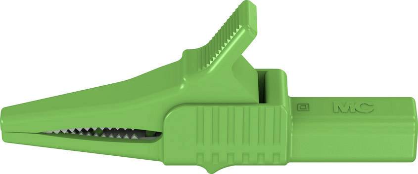 Ein grüner Krokodilklemmen-Adapter mit gezackten Metallbacken und geriffelter Oberfläche zum sicheren Halt elektrischer Drähte.