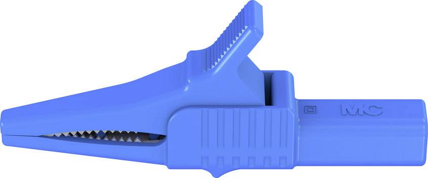 Ein blauer Krokodilklemmen-Adapter mit gezackten Zähnen, verwendet zum sicheren Anschluss elektrischer Leitungen und zur Durchführung von Tests.