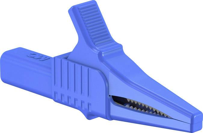 Eine blaue Krokodilklemme aus Kunststoff mit gezackten Metallzähnen, verwendet zum Halten oder Verbinden von elektrischen Drähten.