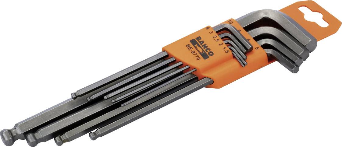 Ein Satz von neun Inbusschlüsseln in verschiedenen Größen, in einer orangefarbenen Halterung mit der Aufschrift 'BAHCO BE-9770'.