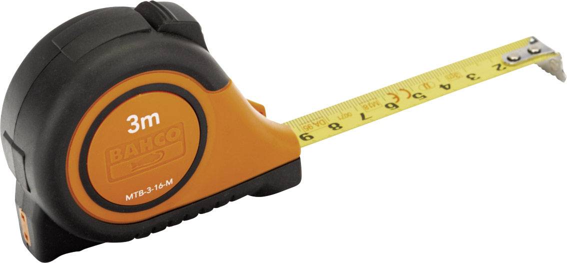 Ein Maßband mit einem schwarzen Gehäuse und orangen Details zeigt eine Abmessung von 3 Metern.