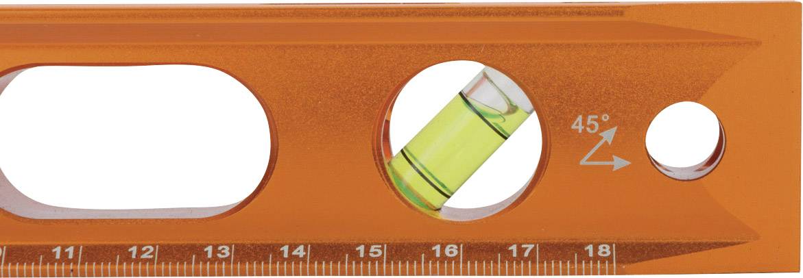 Wasserwaage mit einer Libelle im 45-Grad-Winkel, orange, Metall.
