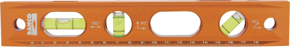 Orangefarbene Wasserwaage mit vier Libellen und einer linearen Maßskala. Ideal zum präzisen Austarieren in verschiedenen Winkeln.