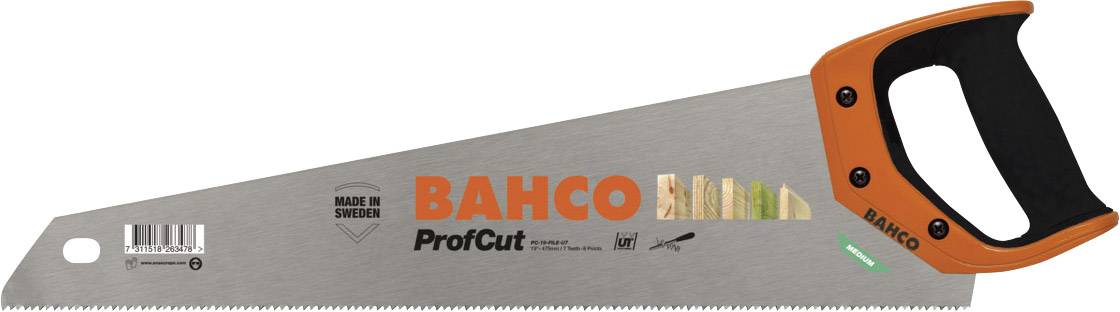 Handsäge mit orangem und schwarzem Griff. Auf der Klinge steht 'BAHCO ProfCut'. Hergestellt in Schweden.